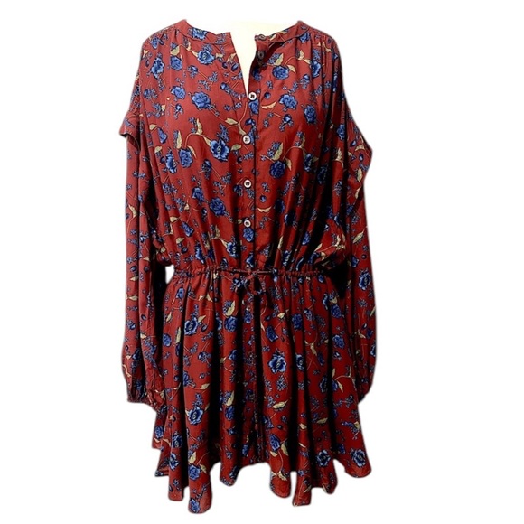 Free People Flower Fields Mini Dress Burgundy Ballon Sleeves Ruffles Boho Small - Picture 2 of 14